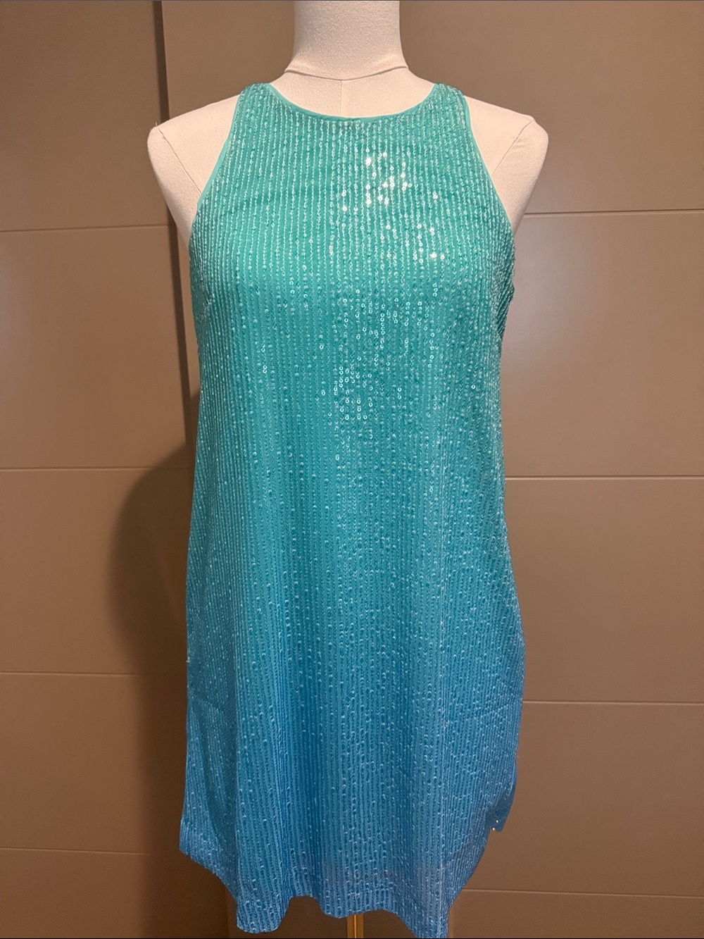 Sleeveless Sequin Shift Dress in Aqua